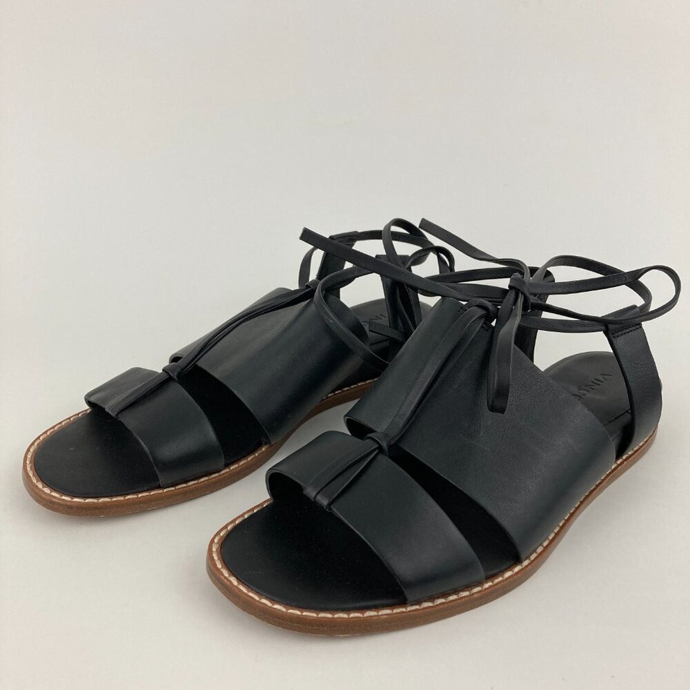 Vince Forster Black Leather Sandals Size 6.5M Ankle Wrap Tie Low Wedge Heel - Picture 4 of 8
